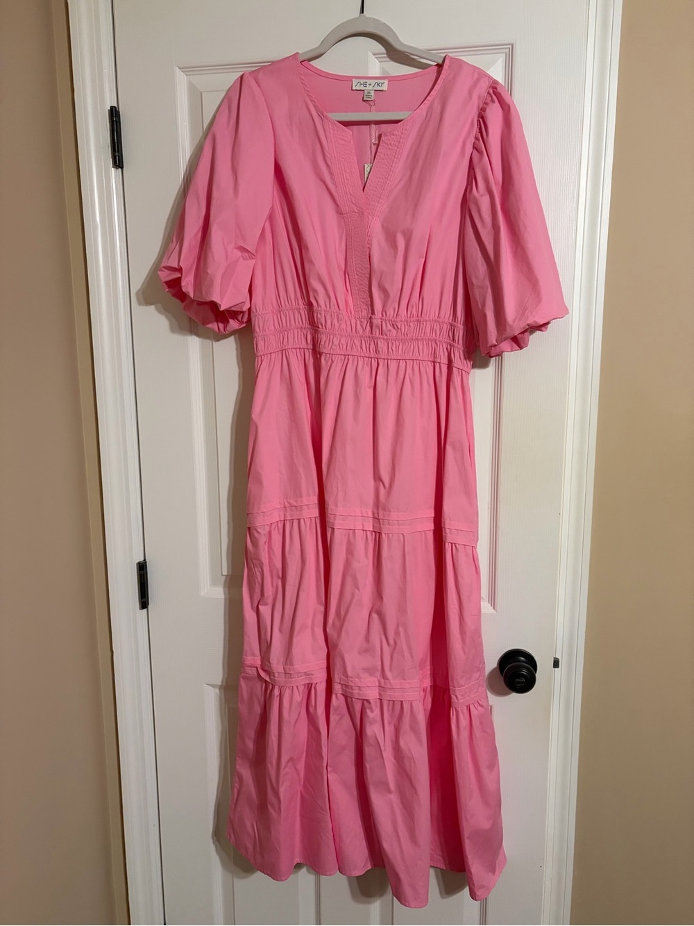 She + Sky Pink Tiered Maxi Dress with Puff Sleeves